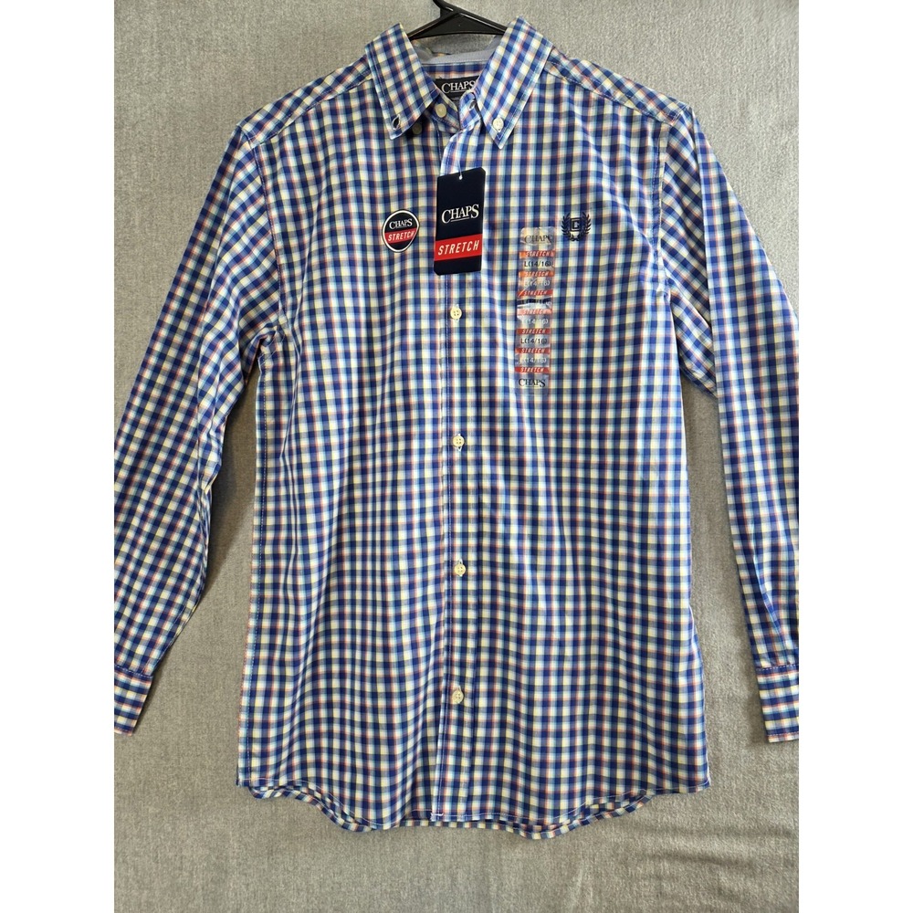 Chaps Stretch Boys L 14/16 Button Up Oxford Shirt Blue Gingham Check Preppy NEW
